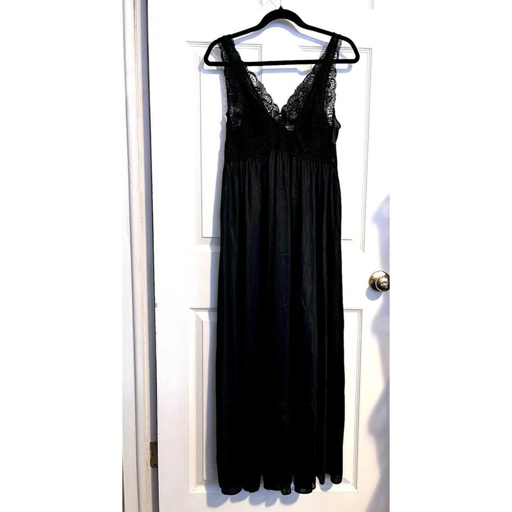Vintage SHADOWLINE Black Nylon Lace Detail Full Slip Nightgown Dress Sz M